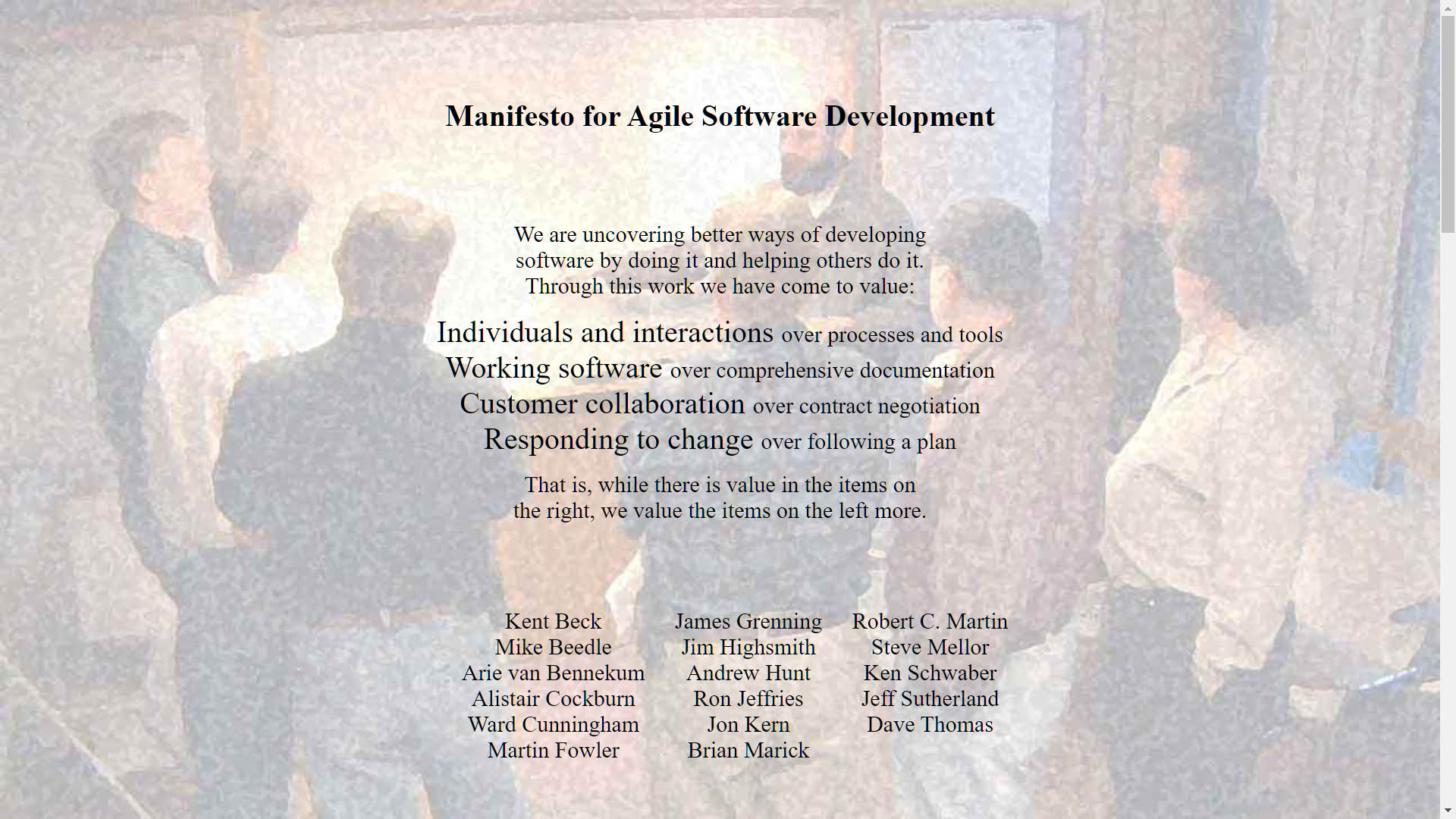 Screenshot della spartana pagina di apertura del sito web del Manifesto for Agile Software Development dove si enunciano i 4 valori di base